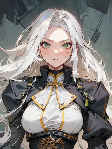 an anime woman with black and white hair, a red and green clockwork eyes. With Long Hair smooth wavy And Natural hair. It is nice and long about ankle length with black hair as like the main look but white strecks and the back of her hair almost a compleme...