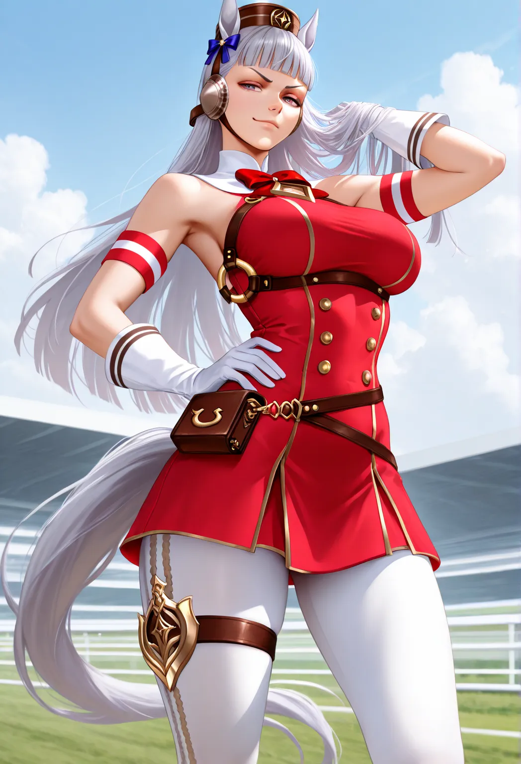 masterpiece, best quality, realistic, solo, 1girl, gdspdef, horse tail, expressionless, looking at viewer, smirk, looking at viewer, standing, hand on own hip, hand in own hair, long hair, grey hair, blunt bangs, brown headwear, pillbox hat, animal ears, e...