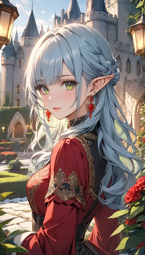 ((Best Quality)), ((masterpiece)), (detailed), Perfect Face, a beautiful young woman, nobility , half elf, long wavy light blue hair with bangs, lime green eyes. Earrings.Solo. Castle in background. Red clothes. Garden. Winter.