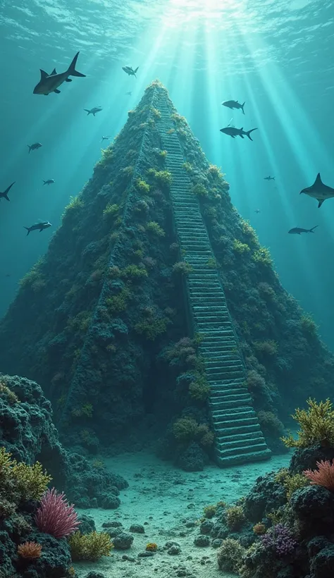 An ancient pyramidal structure at the bottom of the ocean, covered with corals and seaweed. Small fish and sharks swim around as rays of sunlight cross the water, illuminating the steps of the pyramid