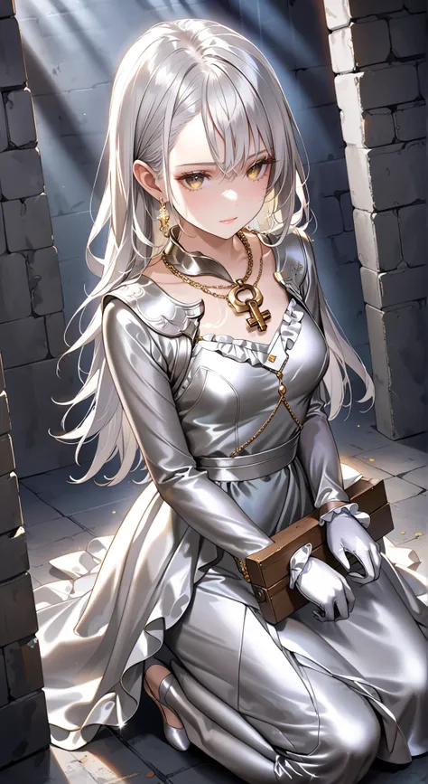 portrait、god々Shining light、( masterpiece, top quality, Ultra High Resolution ),Extremely detailed CG, Japanese woman with pale silver hair,(( beautiful face)),(( long sleeve long dress made of pale silver satin))、((The dress has a simple design without e...