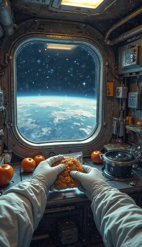 "Create a first-person perspective of an astronaut hands, preparing a meal in the kitchen of a space station. The scene shows floating food packets, a small stove, and utensils, all secured in place by Velcro or magnets. The astronaut’s gloved hands are vi...