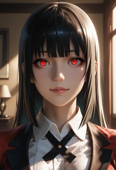 masterpiece, best quality, vibrant, very aesthetic, high contrast, photorealistic portrait,beautiful detailed face,detailed texture,detailed skin, newest, 1girl,Kakegurui,source_Kakegurui,mary saotome,shirt,room,realistic lighting
