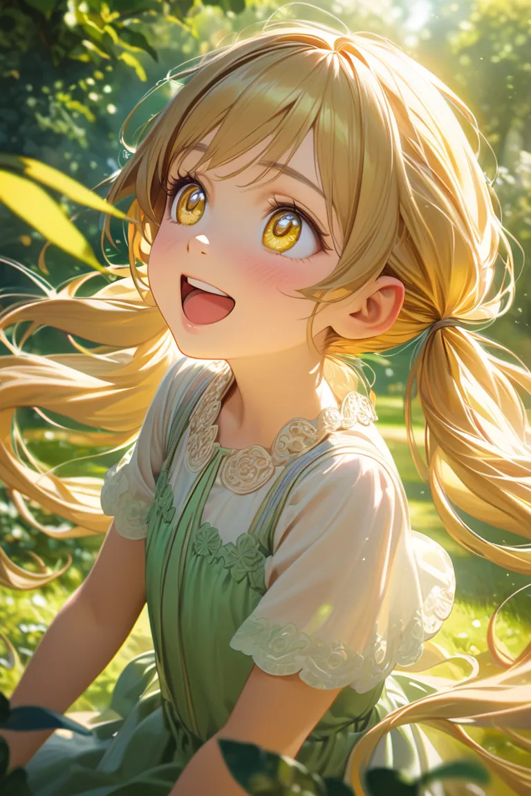 Best Quality,Girl ,big eyes, yellow hair ,twin tails,Laughing happily in the park