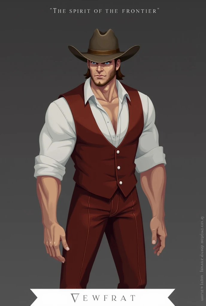  Athletic and muscular man wearing leather hat, peasant, closed flannel shirt  ,   cowboy