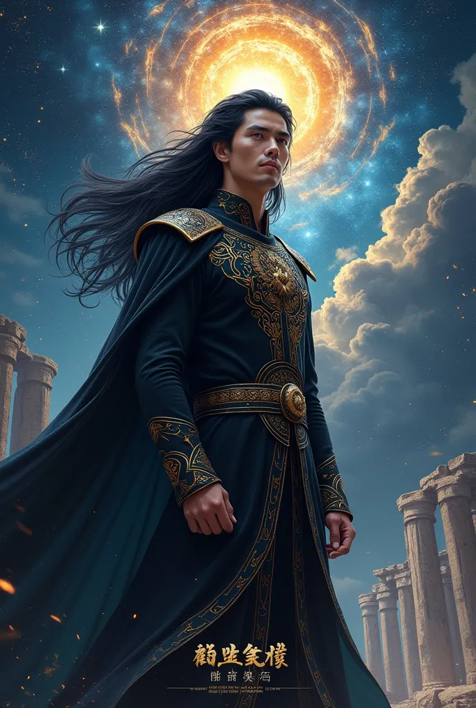 "A fantasy novel cover featuring a handsome male protagonist with striking starlit eyes, radiating a mysterious cosmic glow. His sharp facial features, long flowing black hair, and dark robe adorned with golden celestial patterns emphasize his powerful pre...