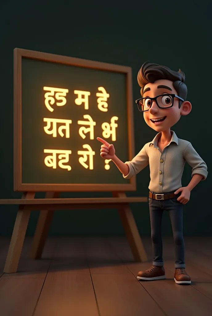 "A high-quality 3D male character, appearing as a friendly and engaging teacher, pointing towards a glowing blackboard. The blackboard displays the text ‘डेली यूज़ होने वाली बंगाली सेंटेन्स सीखो आसानी से हिंदी में’ in bold, golden, and glowing Hindi letter...