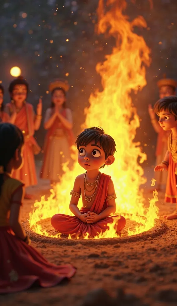 A cinematic 3D cartoon-style scene depicting the legendary moment of Holika Dahan. In the center, young Prahlad sits peacefully inside a roaring fire, his hands folded in devotion, surrounded by a golden divine aura. Beside him, Holika, draped in a red and...