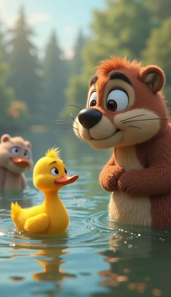 2️⃣ Scene 2: Other Animals Laugh at Danny( small yellow duck)
"Big swans, strong beavers, and even a few otters get ready for the race. Danny( a small yellow duck)waddles up, but a large beaver smirks. 
Create in reality cartoon Pixar style.