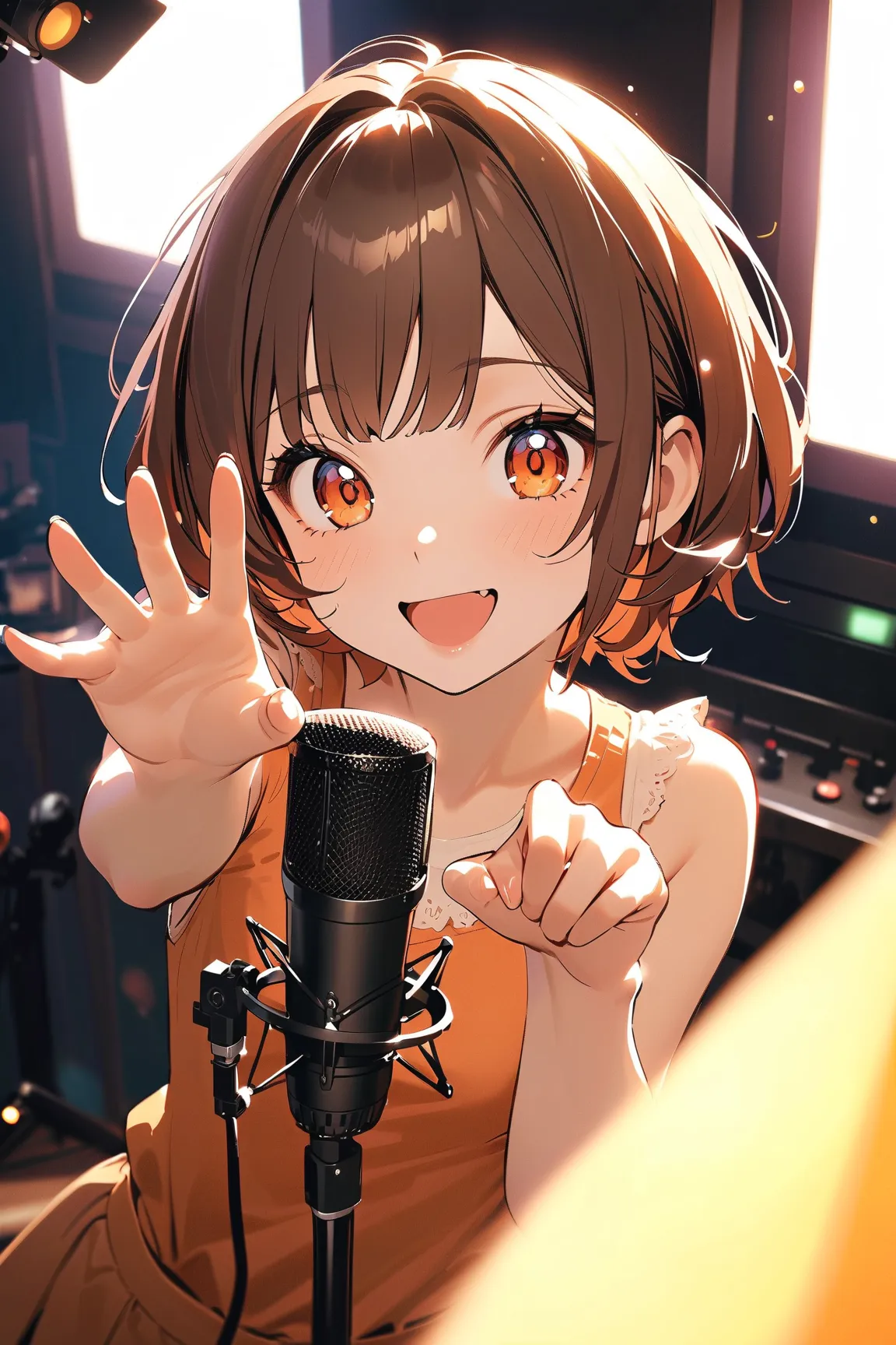 1 girl, (adorable face), (short hair), (excited expression), (small breasts), (wearing stylish outfit), holding a script, in front of a microphone, 
BREAK 
voice recording studio, colorful sound panels, studio lights, (animated pose:1.3), (enthusiastic ges...