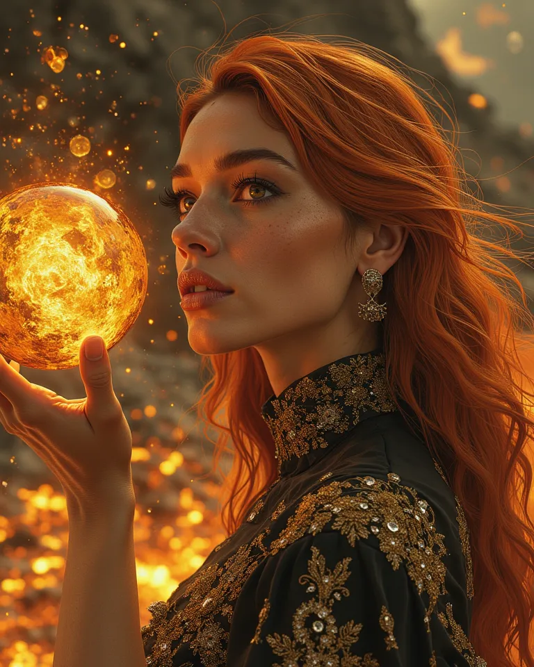 A photo realistic picture of a Beautiful orange long flowing haired Lava Woman, (blown up hair:1.2), wear overall covered turtleneck dark gown ornated with golden lace and 24 carat diamonds, bright lava orb in her left hand appears a day before Krakatau Vo...