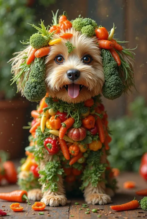 Picture of a dog using vegetables