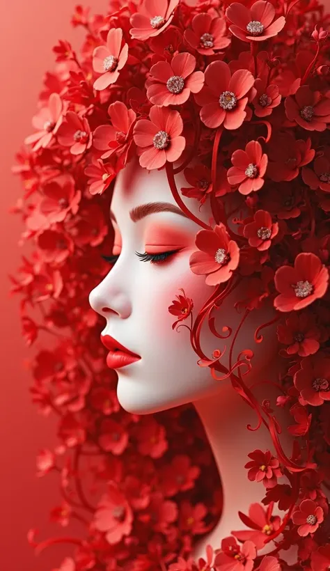 paper_cut，(illustration: 1.3), paper art, 3D rendering of, Red background, (Beautiful side face, Closed eyes: 1.3), (flor branca: 1.2), Colorful, Best quality, Detailed details, Masterpiece, official art, movie light effect