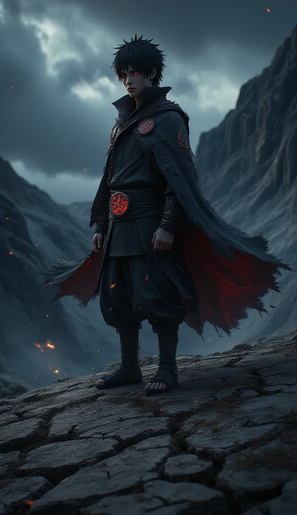 **"Sasuke Uchiha, standing on a cracked and rocky hill surface, wearing his dark cloak with the Uchiha crest, dusty and battle-worn, his black hair slightly messy, sharingan eye glowing faintly, a cold and intense expression, photorealistic style, visually...