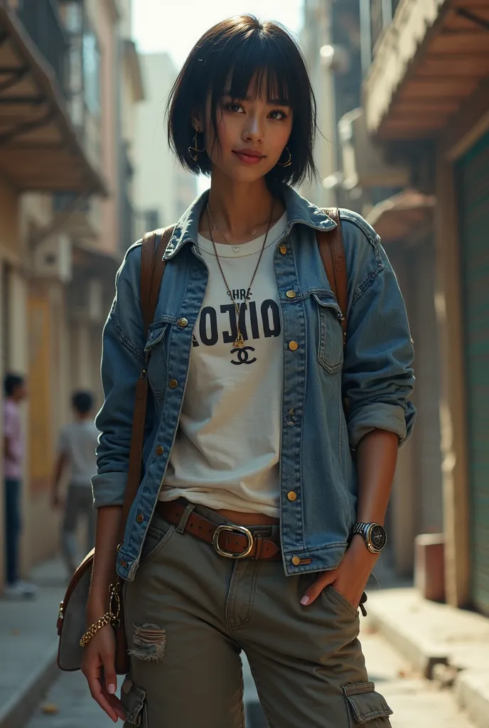 A 30-year-old woman, with mixed traits of Japanese and Brazilian descent, brown skin and straight black hair cut in a chanel echoed. Ela veste uma jaqueta jeans oversized, wears a Corinthians t-shirt, shabby cargo pants and sneakers.  She has a confident p...