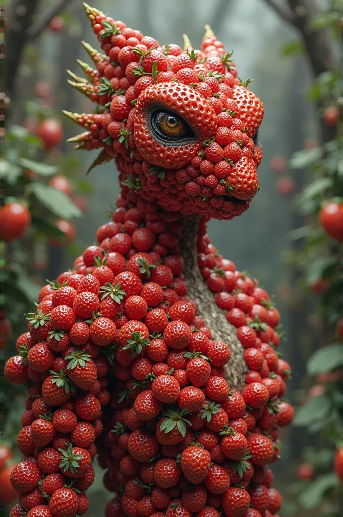 a surreal creature made of strawberries, alice in wonderland, highly detailed costume, (best quality,4k,8k,highres,masterpiece:1.2),ultra-detailed,(realistic,photorealistic,photo-realistic:1.37),hyper detailed, intricate, ornate, fantastical, whimsical, su...