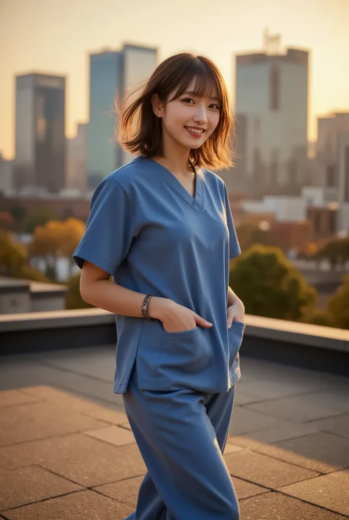 "A joyful nurse in blue scrubs dances on a rooftop at dusk. She spins gracefully, her hair flying and her arms moving freely in the warm evening light. A city skyline with tall modern buildings can be seen in the background, creating a beautiful contrast b...