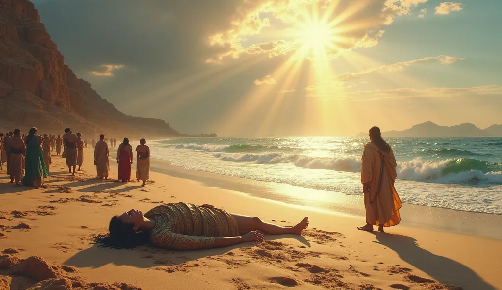 Pharaoh's  and scene of punishment

 Prompt:
 The seashore, where Pharaoh's body lies on the sand, with sunlight shining down on it from above.  An inspired voice is coming: "Today we will save your dead body so that you will become an example to those who...