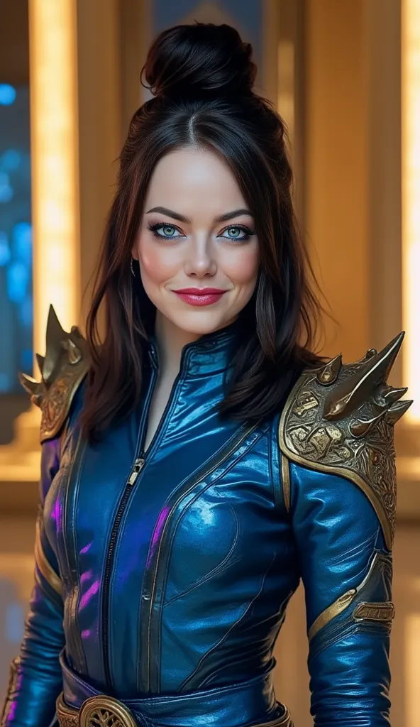 The image shows Emma Stone portrayed as Kitana, The * mortal kombat*, em um estilo super realista e The alta qualidaThe. She has long black hair , styled in an elaborate and elegant bun, typical of the character, with loose locks that fall gracefully aroun...