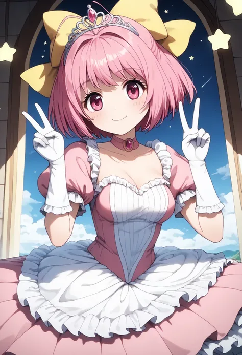 1girl, solo, (kanon nakagawa), short hair, pink hair, hair bow, pink eyes, antenna hair, {{{yellow bow}}}, (((medium breasts))), {{smile}}}, (accurate), {{{princess costume}}}, {{{{{puff sleeve}}}}}, {{{princess}}}, {{{frilled dress}}}, {{{cinderella (cosp...