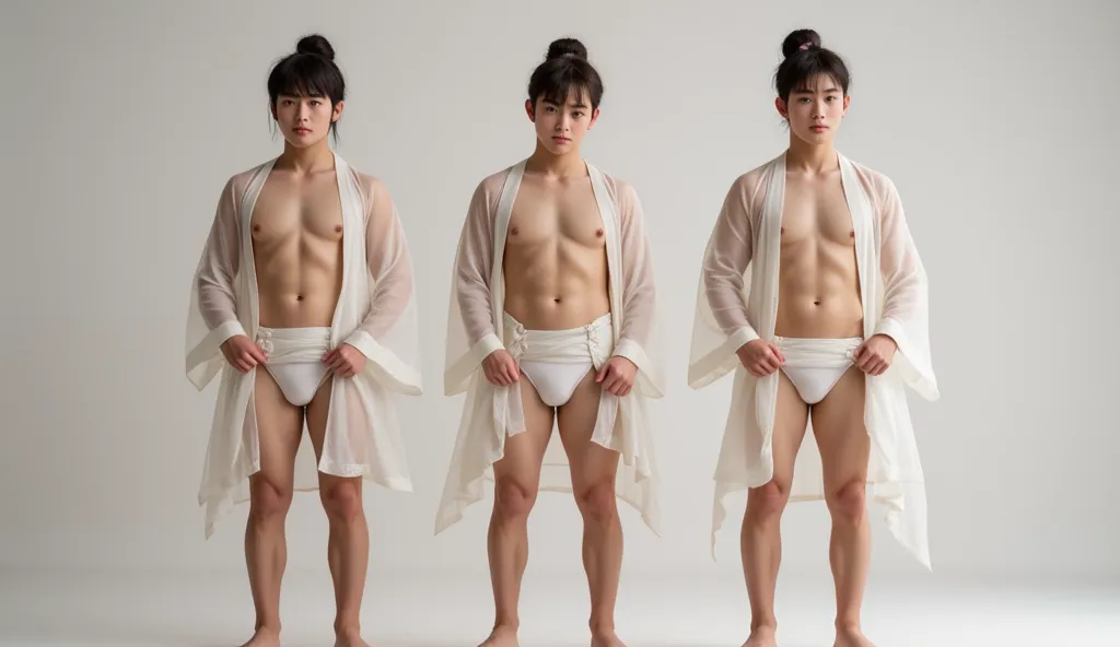 three young handsome Chinese adolescent males  with youthful shy smooth handsome faces with adolescent developing soft bodies in translucent see through white silk ancient Chinese robes and tiny white loincloths with hairs in ancient China buns and bare fe...