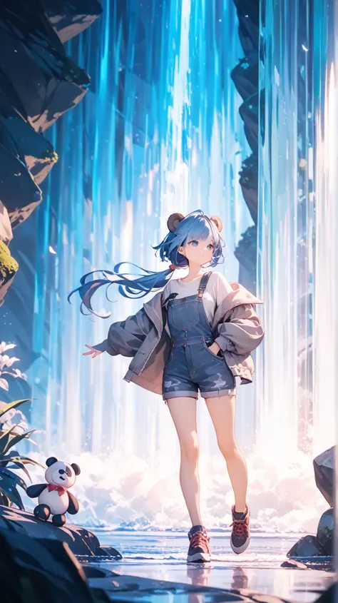 (Miho Sato: 1), highest quality, blue hair, panda stuffed animal on shoulder, high resolution, ultra-detailed, waterfall, full body, bear ears, one girl, long hair, low ponytail, medium bust, very detailed eyes, gray hoodie, denim overalls, outdoors, wind,...