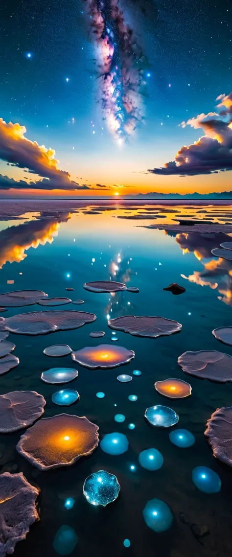 The sky is reflected in the mirrored sea,reflection,symmetry,Uyuni,moonlight,A beautiful sky spreads out,dream-like,,cloud,,Marine blue,Wonderful views await you,,The Highest Time for You,Highest品質,photograph,structurally correct,perfect composition,photog...