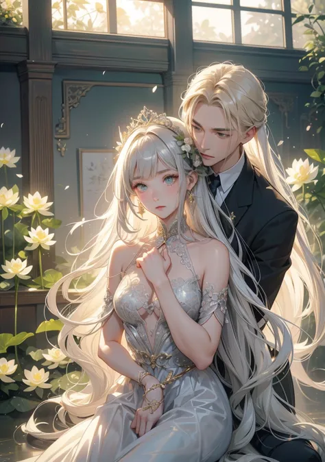 Best Quality。detailed description。Ancient castle greenhouse with blooming flowers。man with long silver hair and green eyes with short blond hair、Golden-eyed woman with long silver hair、((One adult man and one adult woman))。They have grown up 、gives a sharp...