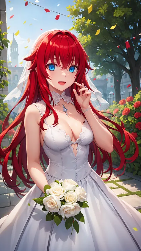 Masterpieces, Best Quality, girl, looking at viewer, Rias Gremory, red hair, long hair, blue eyes, large breasts, wedding Dress, standing, garden, confetti, holding bouquet, smile, open mouth