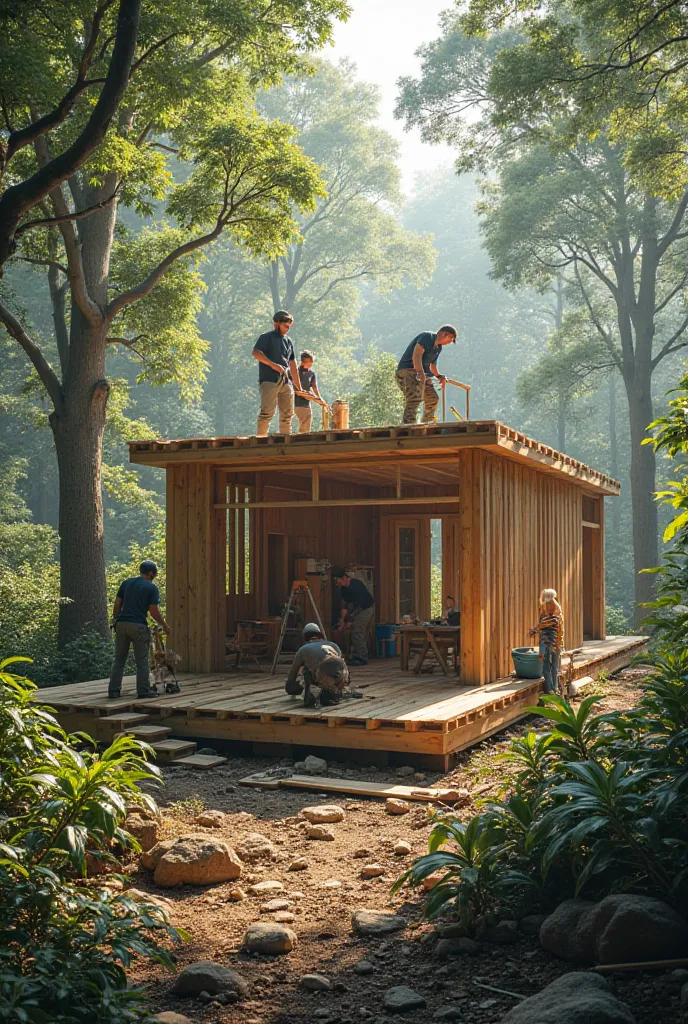 People are building a modern hut in the forest