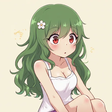 long perm hair, accurate,  green head, A girl, flower hair pin, big boobs, amazed,  Dazed eyes , My whole face is red, simple background,  twinkling eyes, Milk oozing from between legs, Animation style