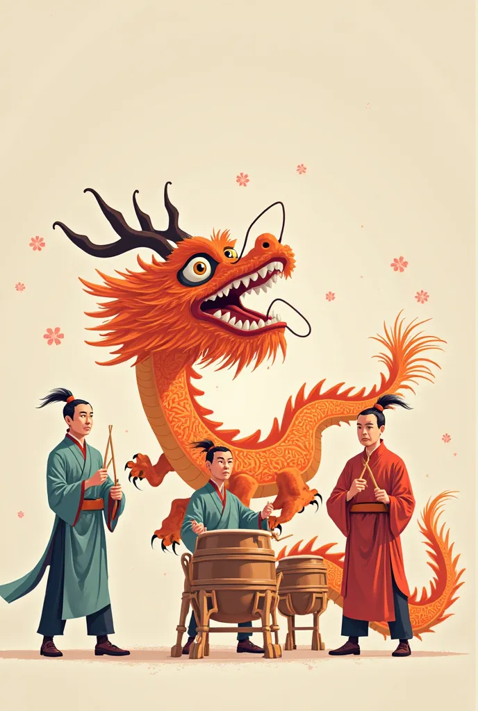 Dragon Dance,Chinese style,People who play gongs and drums,serious expression, illustration style ,flat,People with quaint costumes, middle-aged people,simple background,Simple colors,Asians