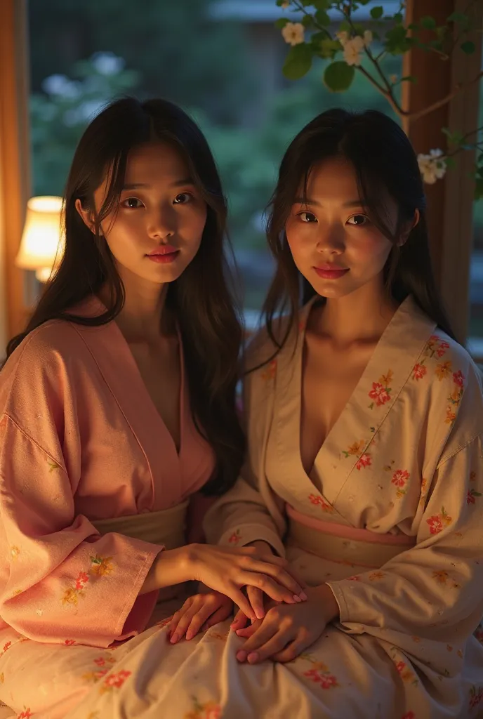 real pictures，Two Japanese  girls      ， is extremely cute，Japanese Onsen Ryokan Tatami Room，Outdoor Japanese Garden Landscape Night， lying on tatami，Smooth and long straight hair，sexy kimono of different colors，Open shoulders and exposed mammary glands，Ha...