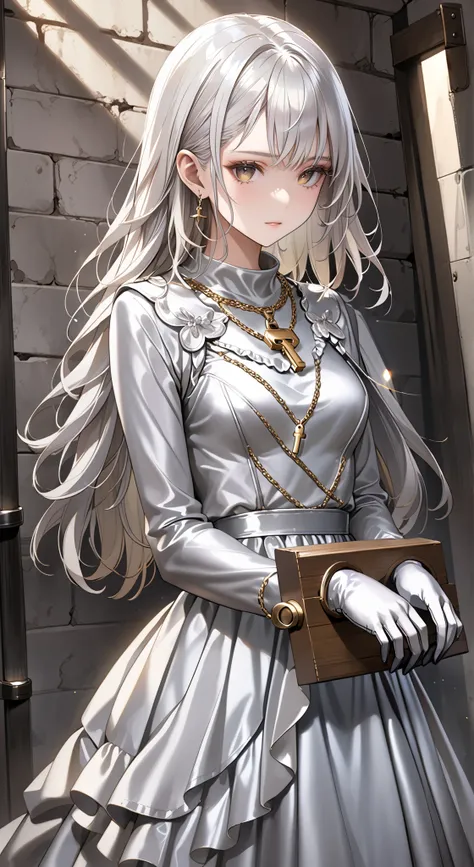 portrait、god々Shining light、( masterpiece, top quality, Ultra High Resolution ),Extremely detailed CG, Japanese woman with pale silver hair,(( beautiful face)),(( long sleeve long dress made of pale silver satin))、((The dress has a simple design without e...