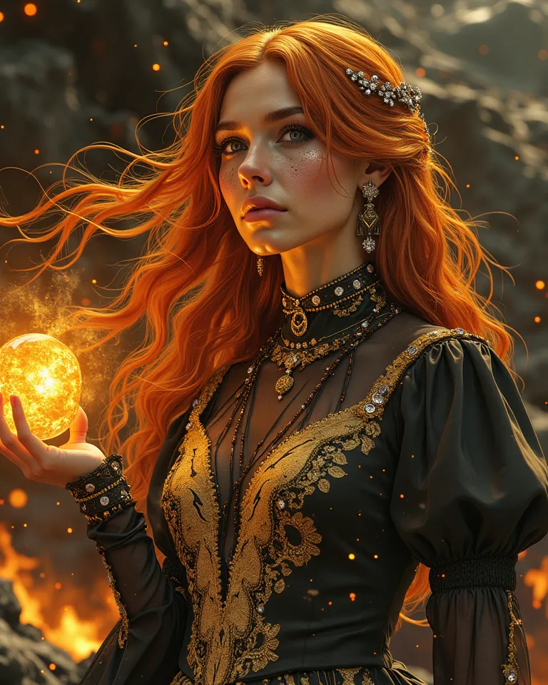 A photo realistic picture of a Beautiful orange long flowing haired Lava Woman, (blown up hair:1.2), wear overall covered turtleneck dark gown ornated with golden lace and 24 carat diamonds, bright lava orb in her left hand appears a day before Krakatau Vo...