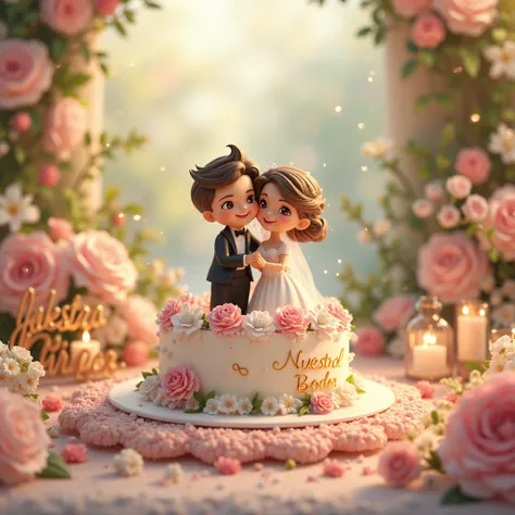 Make me a wedding cake with your boyfriend and bride dolls with two even rings and with the name Rafael and Sharon 
Left side with the name Nuestra Boda 3D,  illustration, 