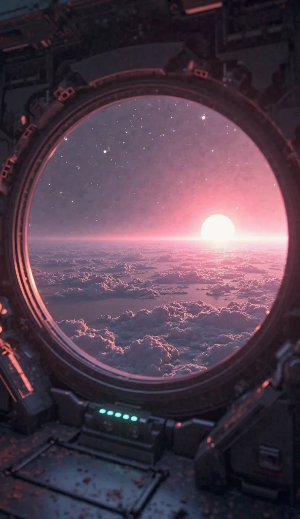 View from inside a spaceship to Earth in shades of pink only 