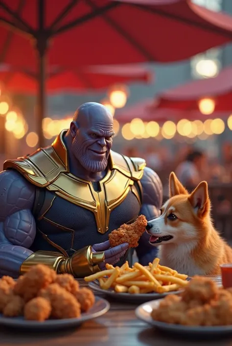 "A highly detailed, cinematic 3D-rendered image of Thanos and an adorable corgi sitting at an outdoor restaurant table, enjoying a meal together. Thanos, wearing his golden armor, looks down at the corgi with a slightly confused expression while holding a ...