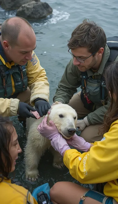 The rescuers waste no time. They carefully apply antiseptic foam and marine-safe healing ointments to the mother bear’s wounds. As the soothing treatment sinks in, the white bear flinches slightly but does not resist, as if understanding that these humans ...