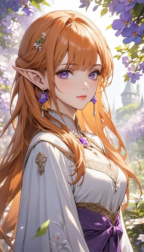 ((Best Quality)), ((masterpiece)), (detailed), Perfect Face, a beautiful young woman, nobility , half elf, long orange hair with bangs, purple eyes. Earrings.Solo. spring. Fansty