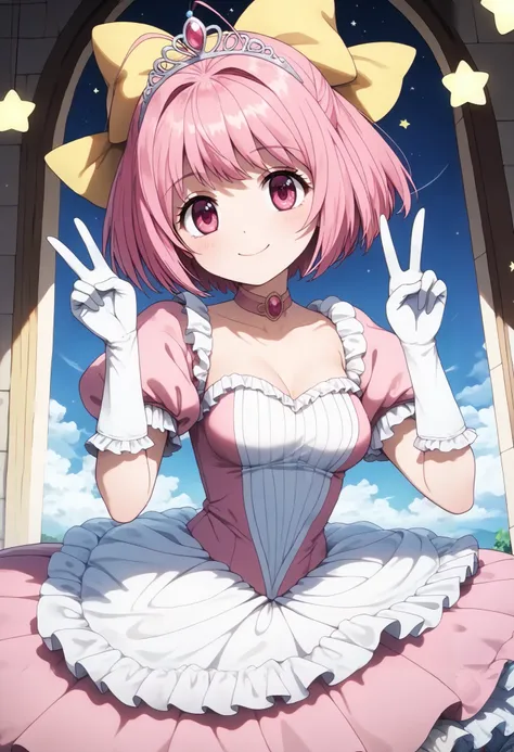 1girl, solo, (kanon nakagawa), short hair, pink hair, hair bow, pink eyes, antenna hair, {{{yellow bow}}}, (((medium breasts))), {{smile}}}, (accurate), {{{princess costume}}}, {{{{{puff sleeve}}}}}, {{{princess}}}, {{{frilled dress}}}, {{{cinderella (cosp...