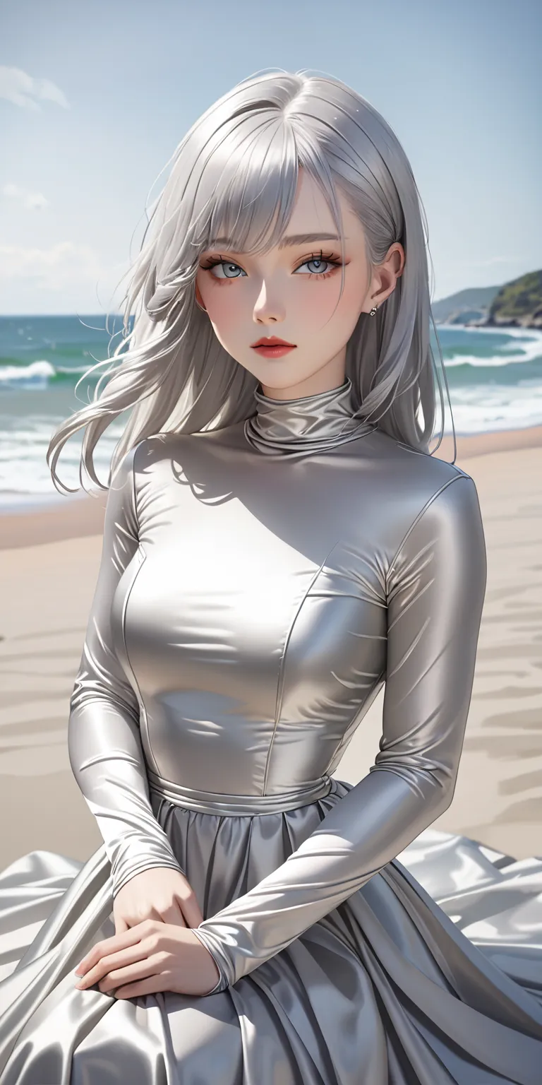 Portraiture、(masterpiece,Highest quality,Ultra-high resolution),Japanese women with silver hair, (((Very beautiful 25 year old girl)))、(She is wearing a shiny light silver satin long sleeve outfit..)、The dress has a simple design without any patterns...、((...