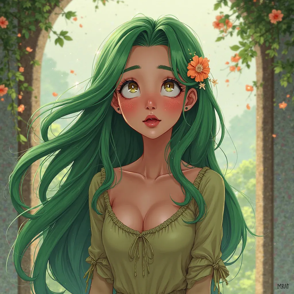 long perm hair, accurate,  green head, A girl, flower hair pin, big boobs, amazed,  Dazed eyes , My whole face is red, simple background,  twinkling eyes, Animation style