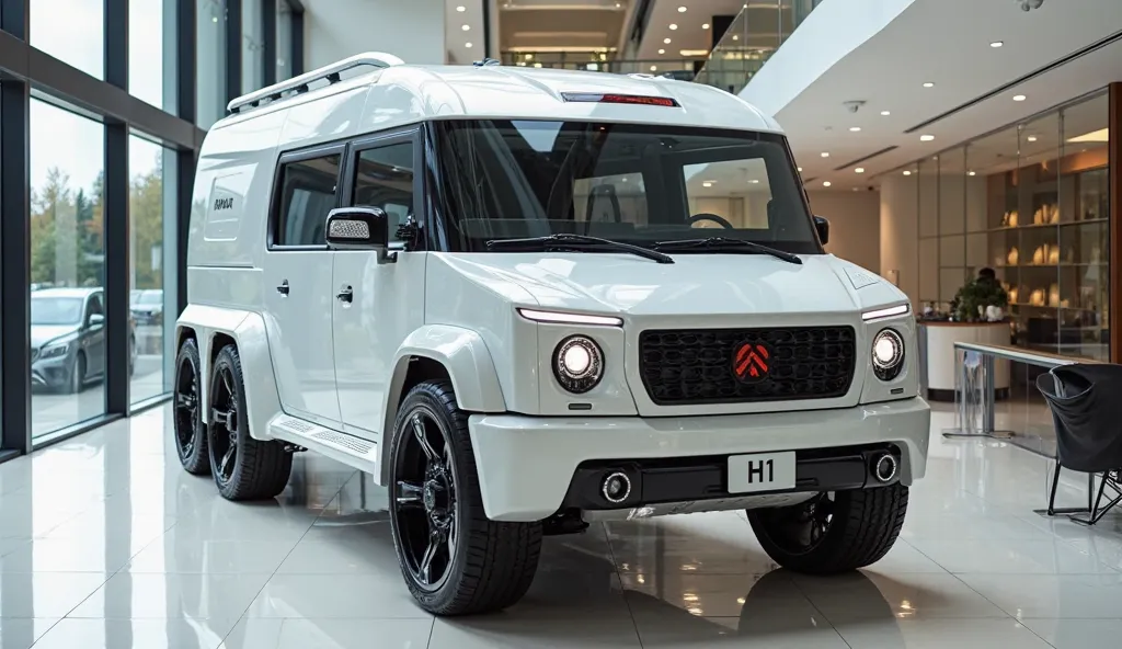 Realistic of futuristic 2025 hummer h1 motorhome, with modification, good looking, bright white colour front side view, parked in luxury showroom and number plate reads h1
The background features a contemporary showroom setting with polished floors and nat...