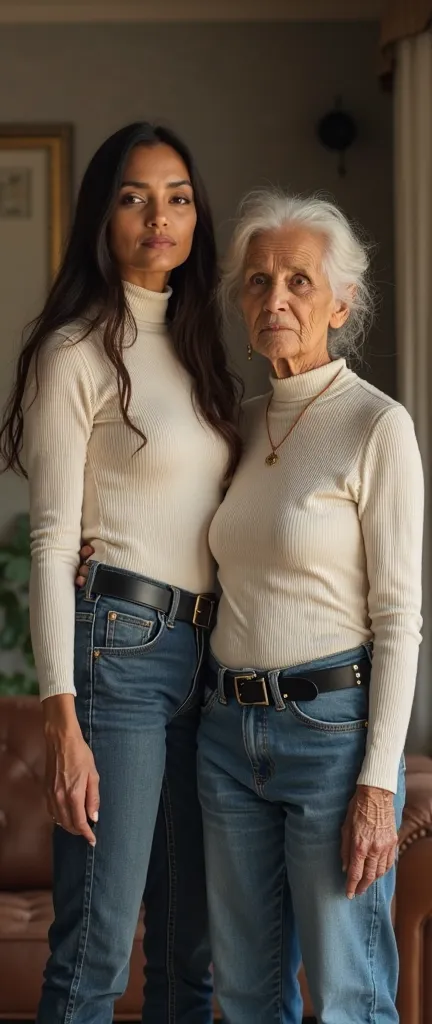 Married traditional Indian woman with long hair in skinny jeans and skintight cream ribbed t shirt TUCKED under in skinny jeans and black belt, half sleeve tshirt, looking at camera, girl is standing with the elderly woman in skintight tshirt is mother loo...