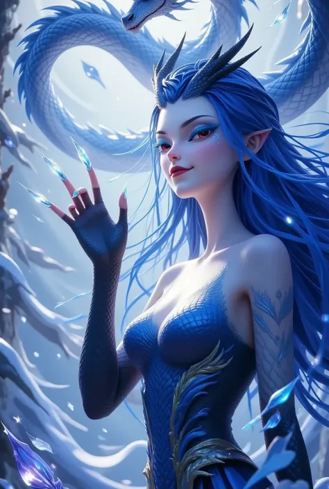  noble and elegant Dragon Princess， She will freeze magic ，  red eyes，Blue eyelashes，Dragon Horn。 I prefer blue clothes 。Dragon in the air。crystal darts，Glowing example ，  ray tracing，Motion Capture 。  Disney-style  ，ig model，Blue Elf,    detailed fantasy ...