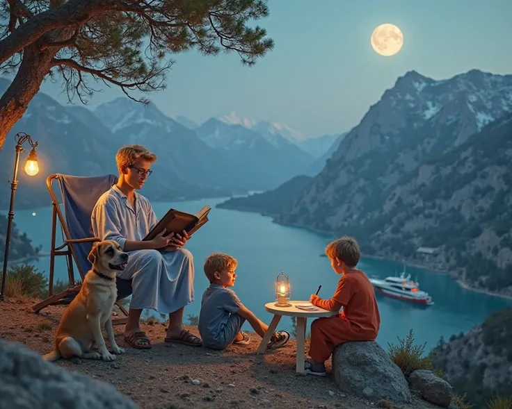 It creates a REALISTIC HD 8K PHOTO image where on top of a hill a young blond man with glasses is reading a very large bible, Next to him there is a Saint Bernard dog, he wears a light blue nightgown he has leather sandals he is sitting on a beach chair, N...