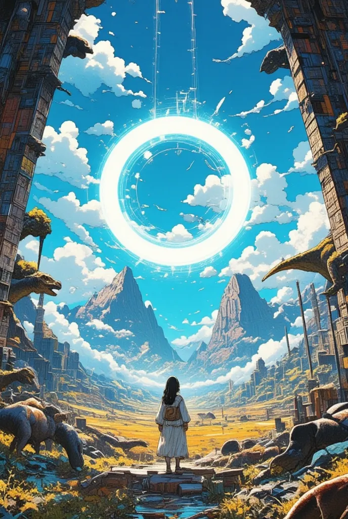 a girl  stand in front of a glowing teleportation halo, surrounded by strange runes that flash with mysterious light, as if telling ancient secrets. The halo emits a strong yet soft light, pale blue in color, contrasting sharply with the surrounding enviro...