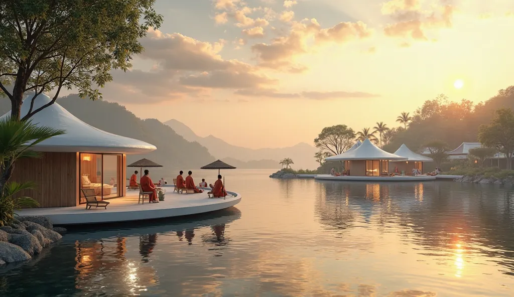 Asians peoples relax waiting to offer alms to monks on thair house, the terrace show the riverbay with another curval minimalist futuristic sustainbility floating houses on big white raft. there are anti-slip pathway connected houses together, the tropical...