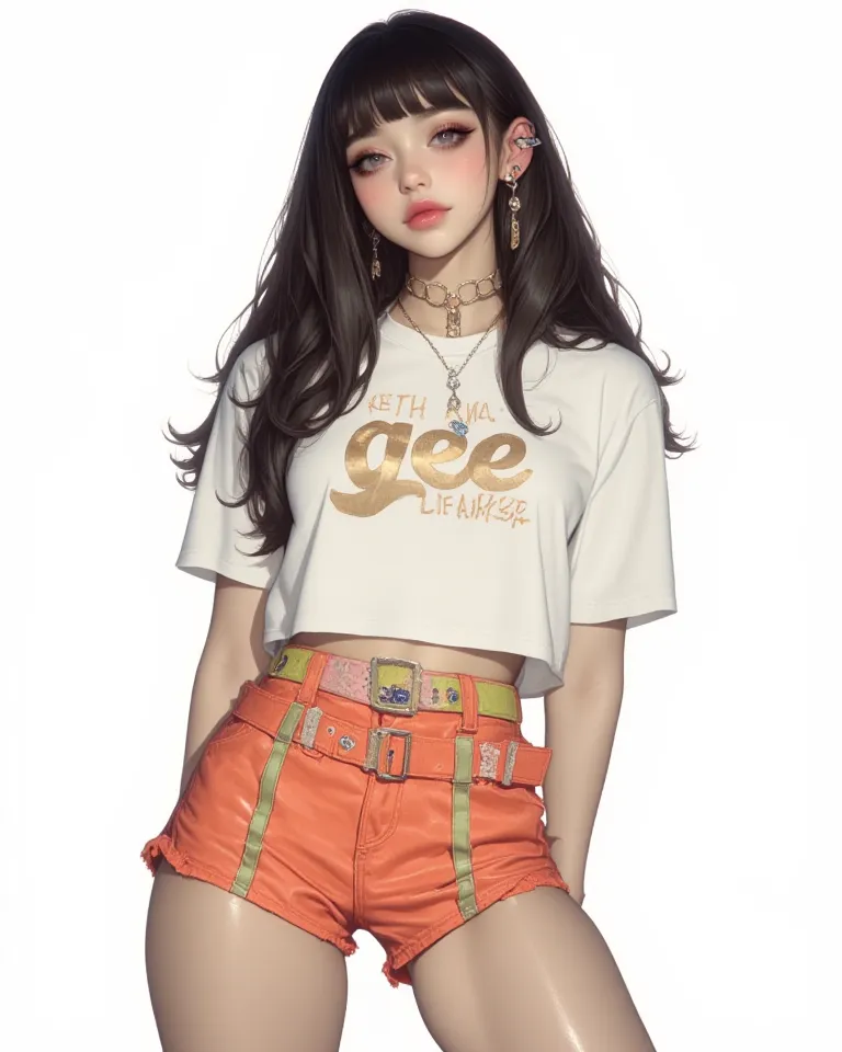 A slender 19-year-old British girl with jet-black hair with bangs and gray eyes is an idol poses with an outfit inspired by the iconic MV "gee" by Girls' Generation. She wears vibrant shorts (It can be green , blue, red, yellow, pink or orange), combined w...